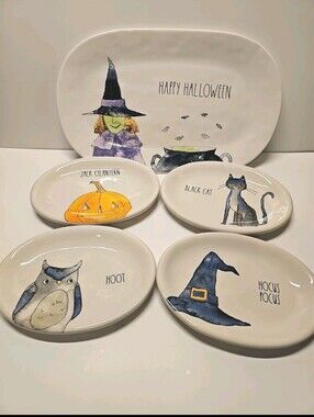 Rae Dunn Halloween  Platter 14.5" and Set of 4 Plates 8.5" Witch Cat Pumpkin Owl